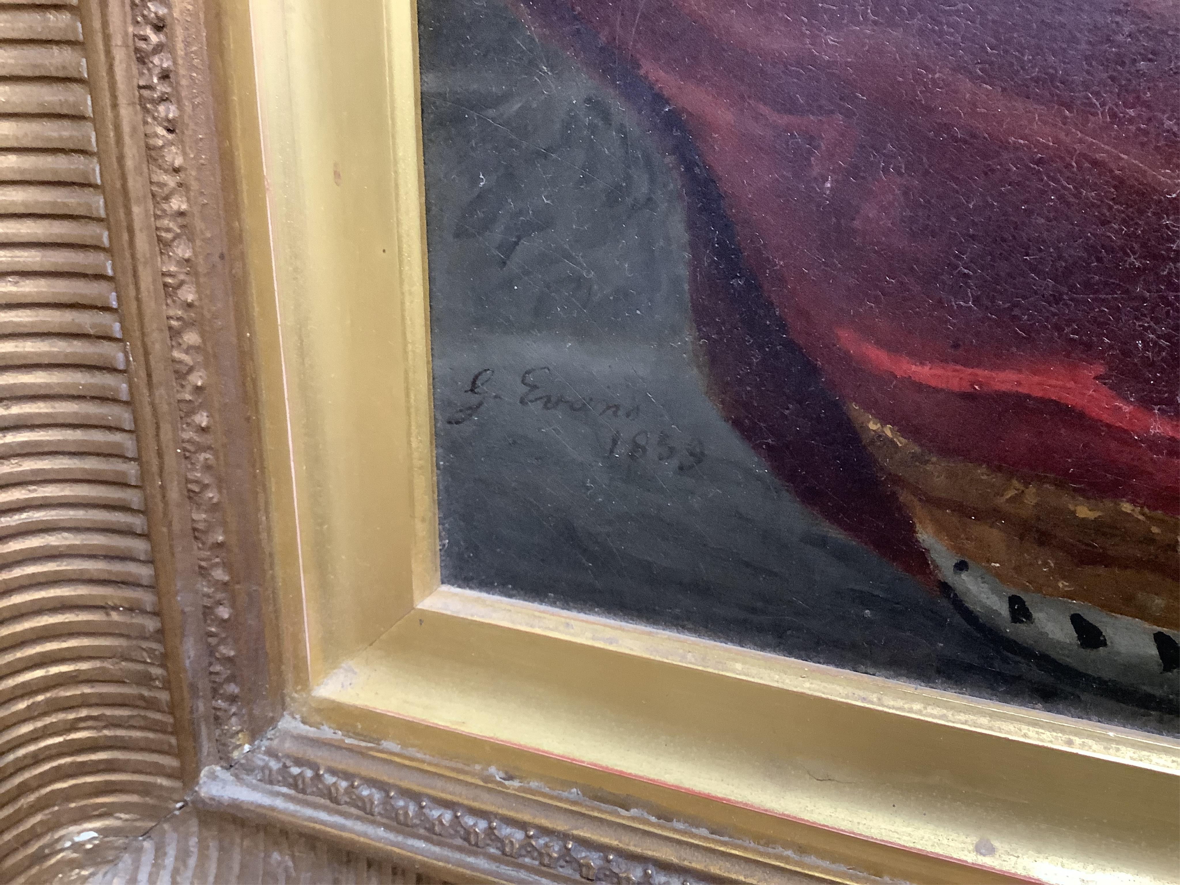 G. Evans (19th. C), Portrait of Queen Victoria wearing ermine before a landscape, signed and dated 1859, 77 x 52cm, applied plaque to the gilt frame, oil on canvas